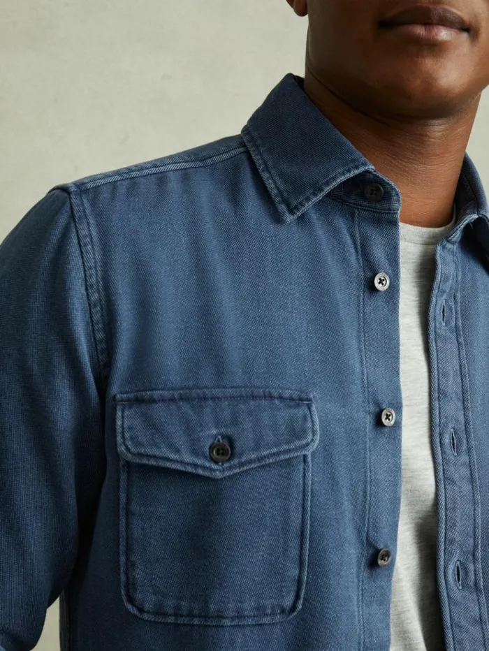 REISS Shirts Men Textured Denim Overshirt Indigo Blue