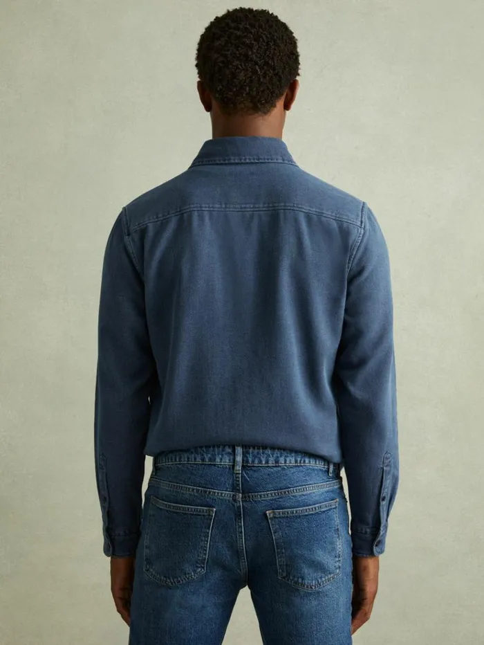 REISS Shirts Men Textured Denim Overshirt Indigo Blue
