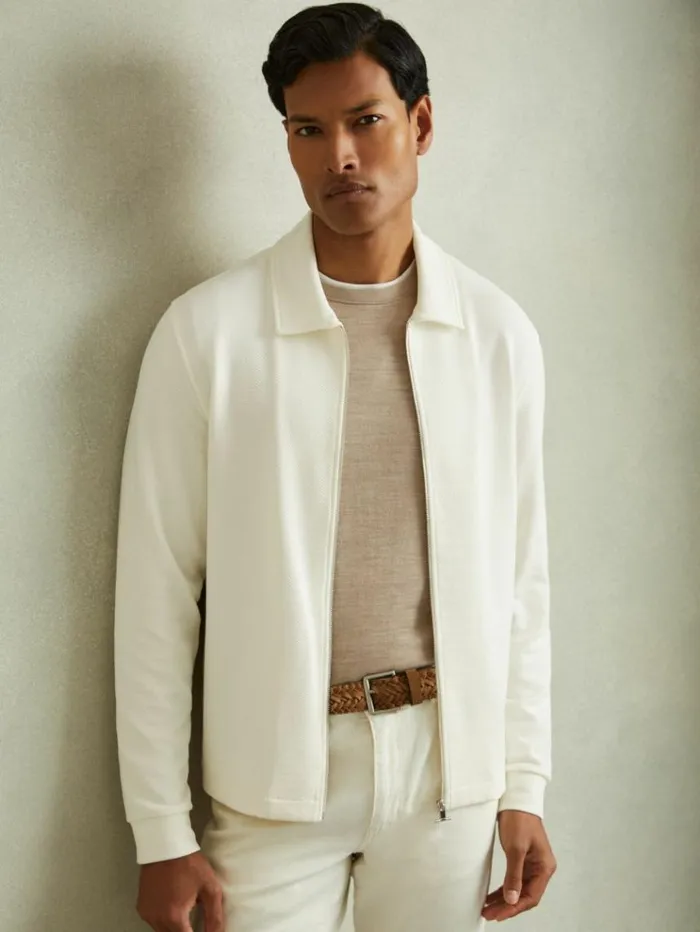 REISS Shirts Men Textured Zip Through Jacket Off White
