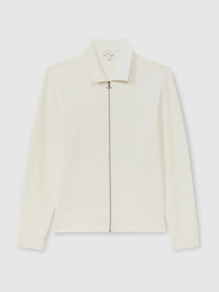 REISS Shirts Men Textured Zip Through Jacket Off White