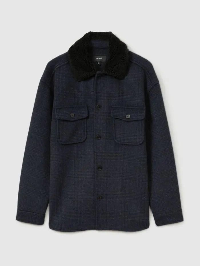REISS Shirts Men WoolBlend Fleece Collar Overshirt Navy