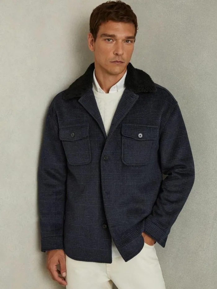 REISS Shirts Men WoolBlend Fleece Collar Overshirt Navy