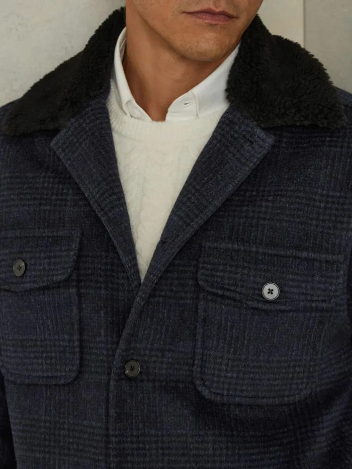 REISS Shirts Men WoolBlend Fleece Collar Overshirt Navy