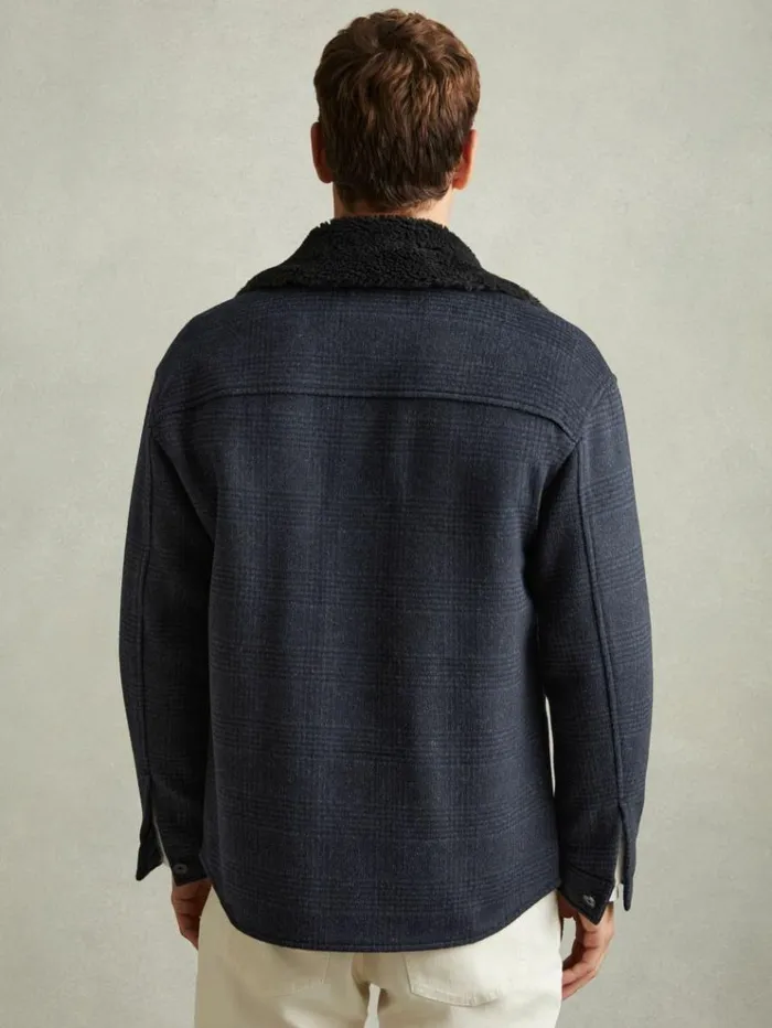 REISS Shirts Men WoolBlend Fleece Collar Overshirt Navy