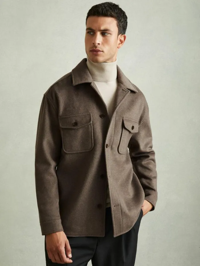 REISS Shirts Men Wool Blend Melton Overshirt Light Brown