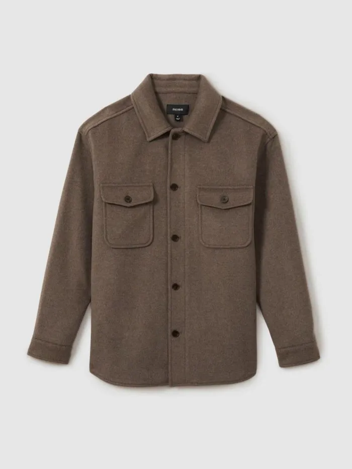 REISS Shirts Men Wool Blend Melton Overshirt Light Brown