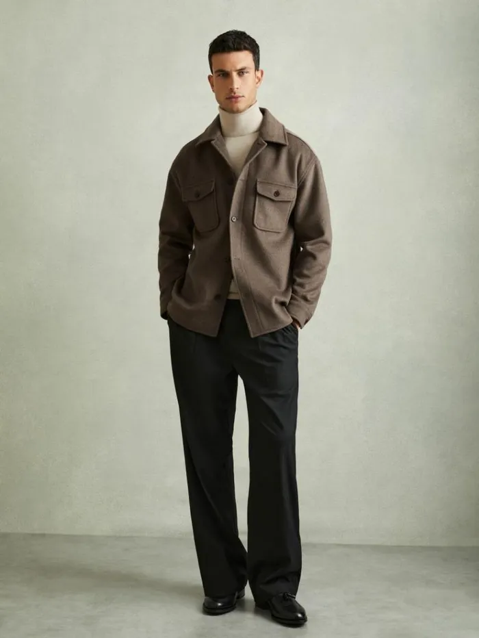 REISS Shirts Men Wool Blend Melton Overshirt Light Brown