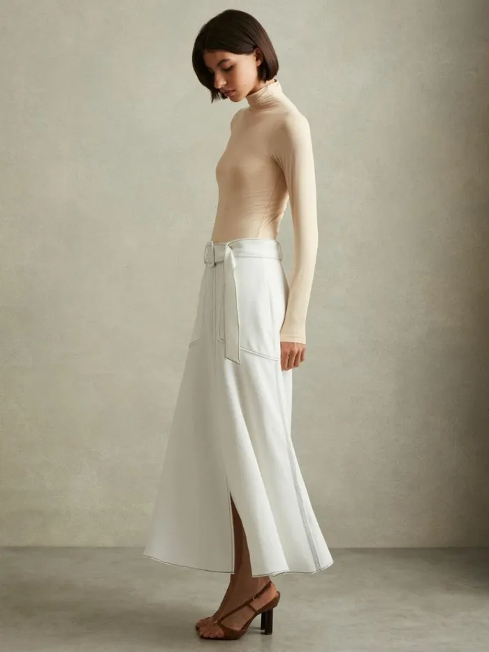 REISS Skirts Women Contrast Stitch Belted Midi Skirt Ivory