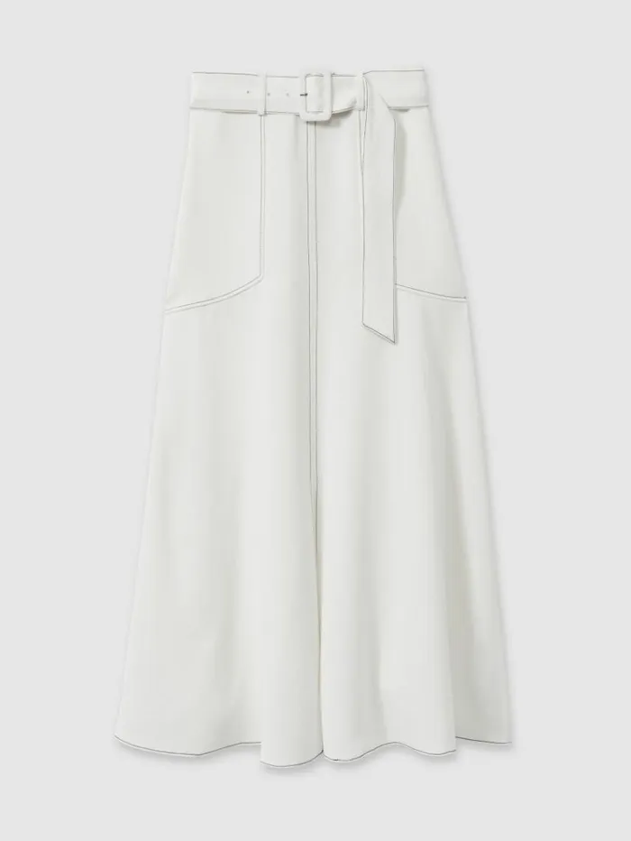 REISS Skirts Women Contrast Stitch Belted Midi Skirt Ivory