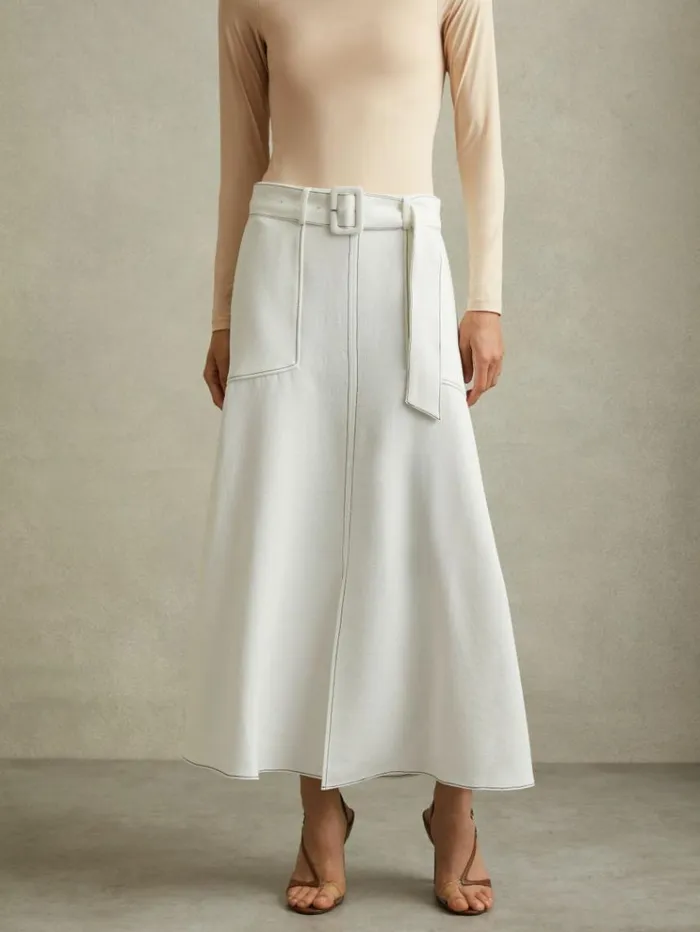 REISS Skirts Women Contrast Stitch Belted Midi Skirt Ivory