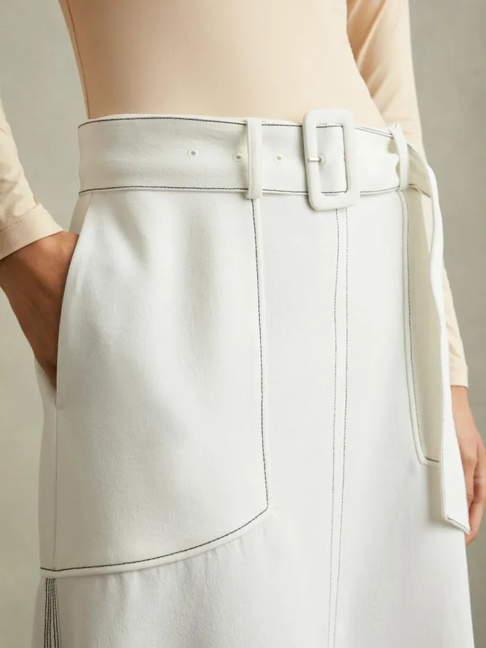 REISS Skirts Women Contrast Stitch Belted Midi Skirt Ivory