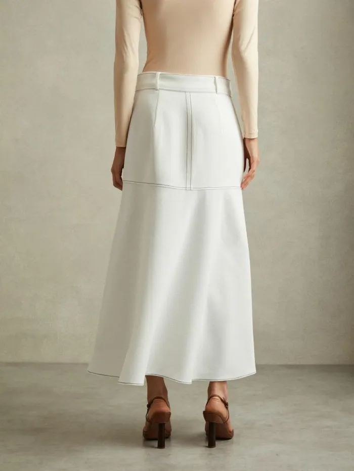 REISS Skirts Women Contrast Stitch Belted Midi Skirt Ivory