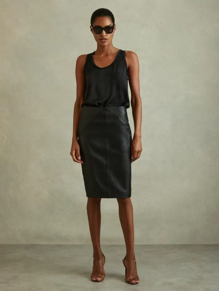 REISS Skirts Women Leather High Rise Midi Skirt Black