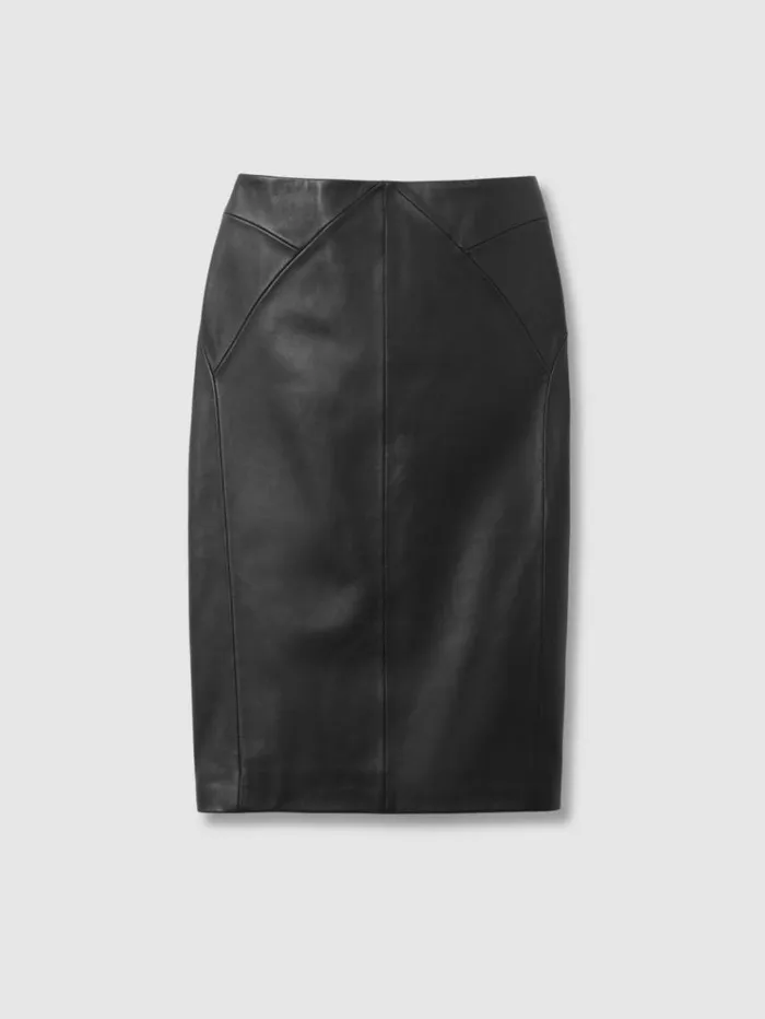 REISS Skirts Women Leather High Rise Midi Skirt Black