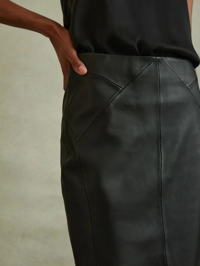 REISS Skirts Women Leather High Rise Midi Skirt Black