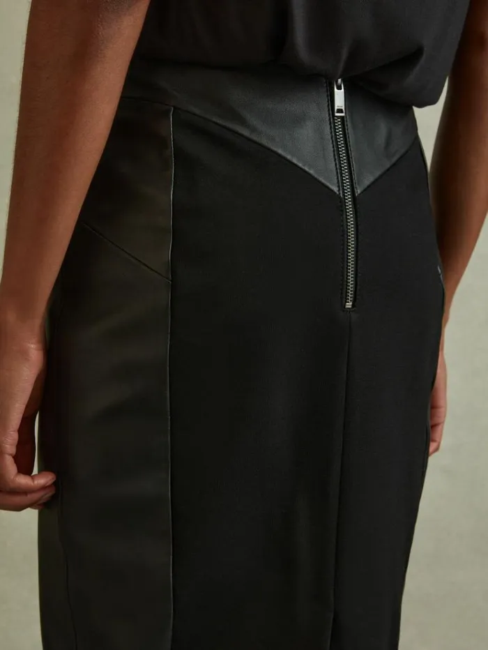 REISS Skirts Women Leather High Rise Midi Skirt Black