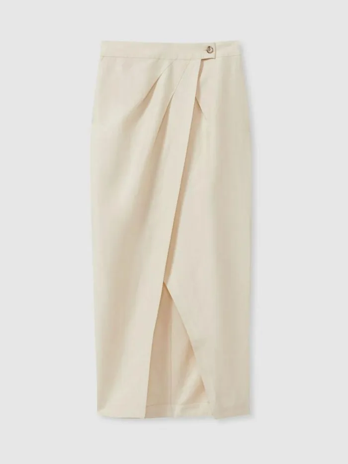 REISS Skirts Women Wrap Front Midi Skirt With Linen Beige