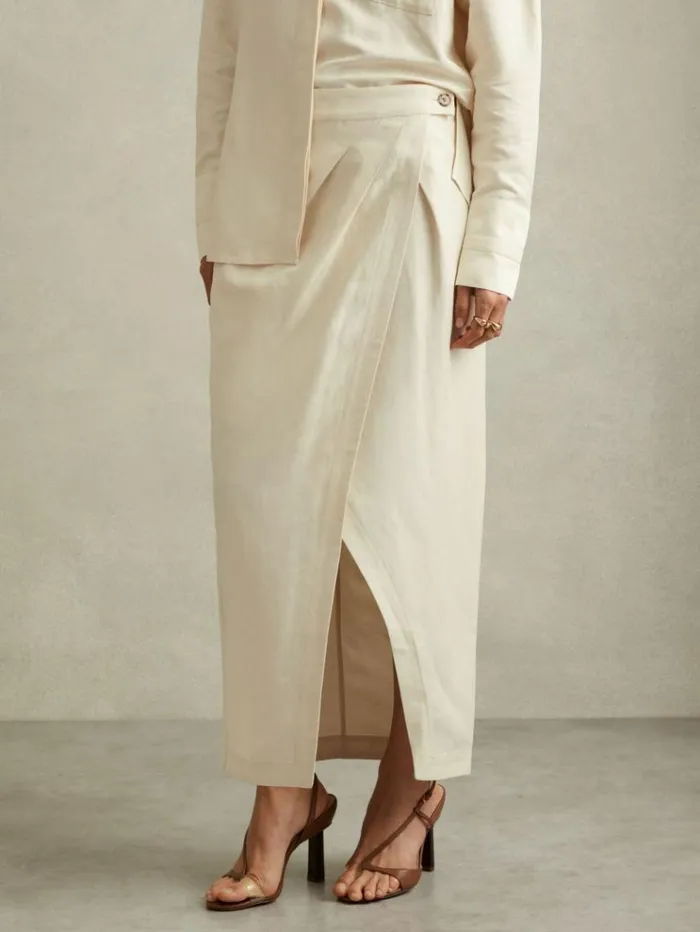 REISS Skirts Women Wrap Front Midi Skirt With Linen Beige