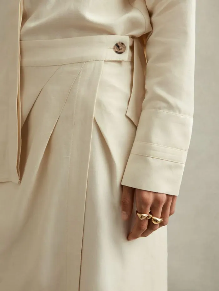 REISS Skirts Women Wrap Front Midi Skirt With Linen Beige