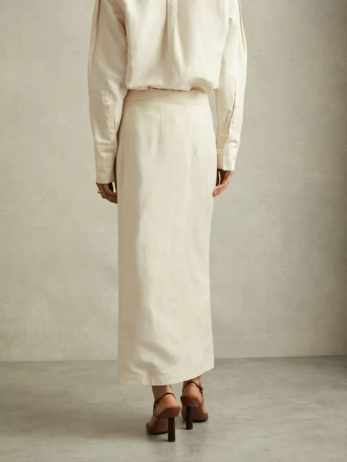 REISS Skirts Women Wrap Front Midi Skirt With Linen Beige