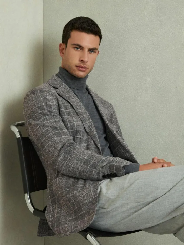 REISS Suits and Tailoring Men Checked Single Breasted Blazer With Wool Grey