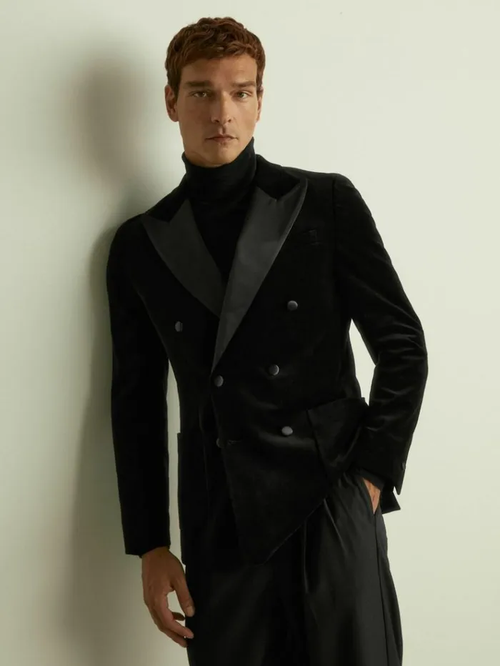 REISS Suits and Tailoring Men Cotton Blend Velvet Tuxedo Jacket Black