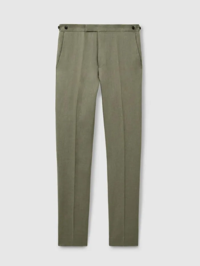 REISS Suits and Tailoring Men Linen Side Adjuster Modern Fit Trousers Light Sage Green