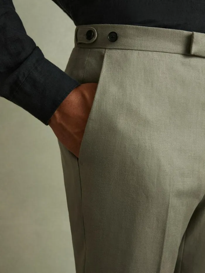 REISS Suits and Tailoring Men Linen Side Adjuster Modern Fit Trousers Light Sage Green
