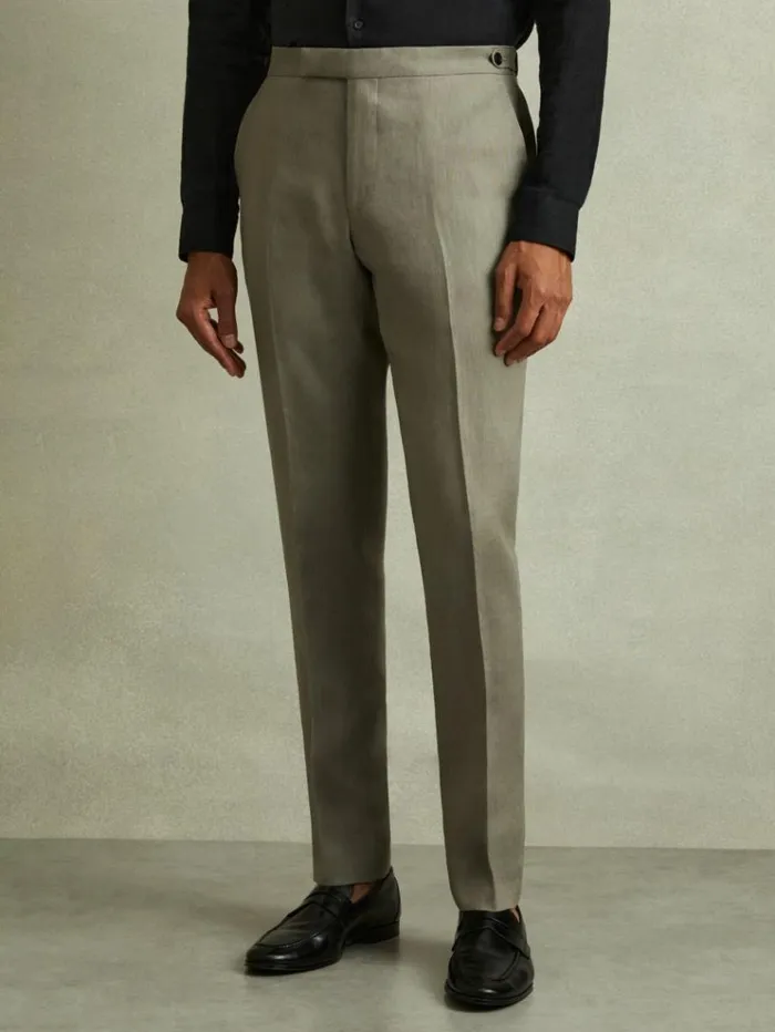 REISS Suits and Tailoring Men Linen Side Adjuster Modern Fit Trousers Light Sage Green