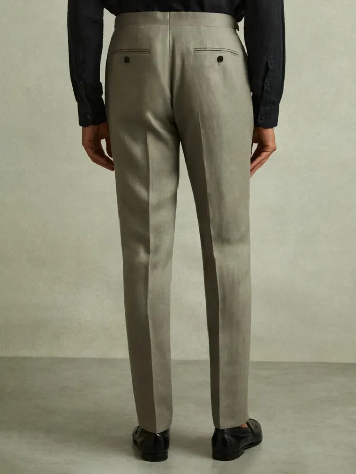 REISS Suits and Tailoring Men Linen Side Adjuster Modern Fit Trousers Light Sage Green