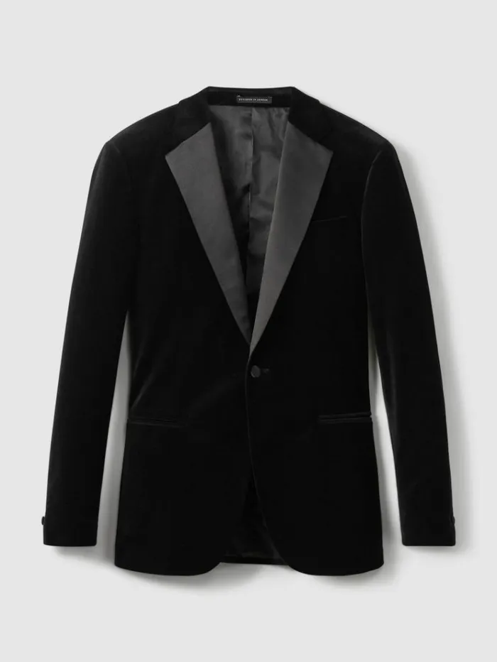 REISS Suits and Tailoring Men Modern Fit Velvet Single Breasted Tuxedo Jacket Black