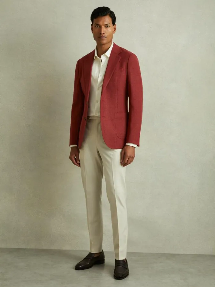 REISS Suits and Tailoring Men Slim Fit Textured Wool Blend Single Breasted Blazer Rust Red REISS Suits and Tailoring Men Slim Fit Textured Wool Blend Single Breasted Blazer Rust Red
