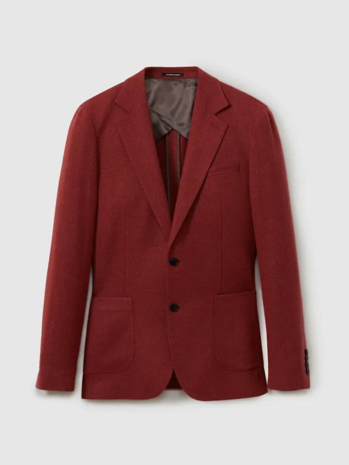 REISS Suits and Tailoring Men Slim Fit Textured Wool Blend Single Breasted Blazer Rust Red