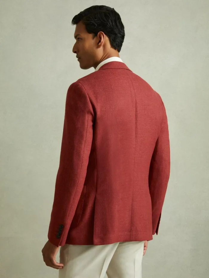 REISS Suits and Tailoring Men Slim Fit Textured Wool Blend Single Breasted Blazer Rust Red