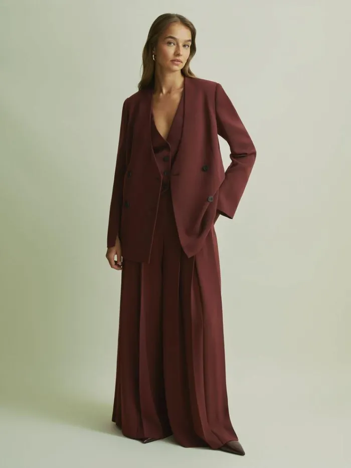 REISS Suits and Tailoring Women Florere Collarless Double Breasted Blazer Burgundy