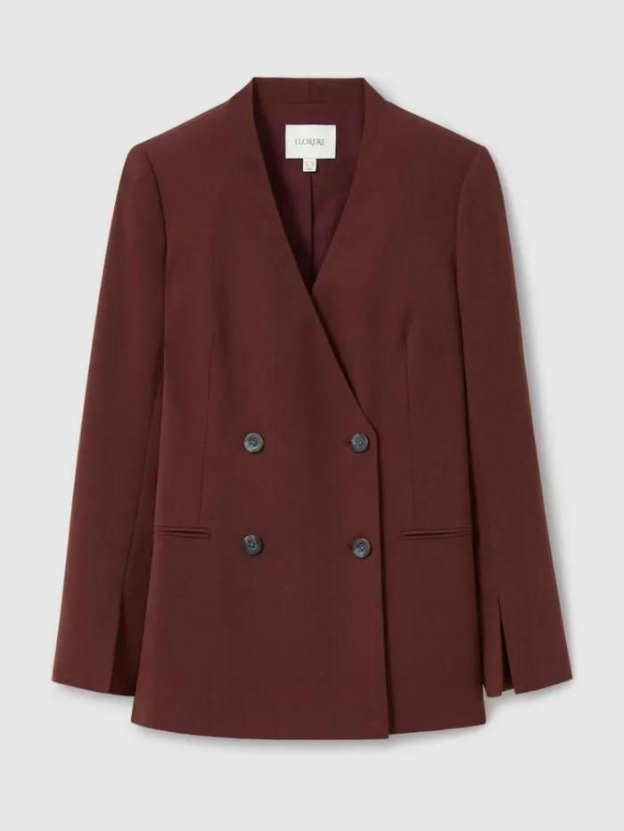 REISS Suits and Tailoring Women Florere Collarless Double Breasted Blazer Burgundy