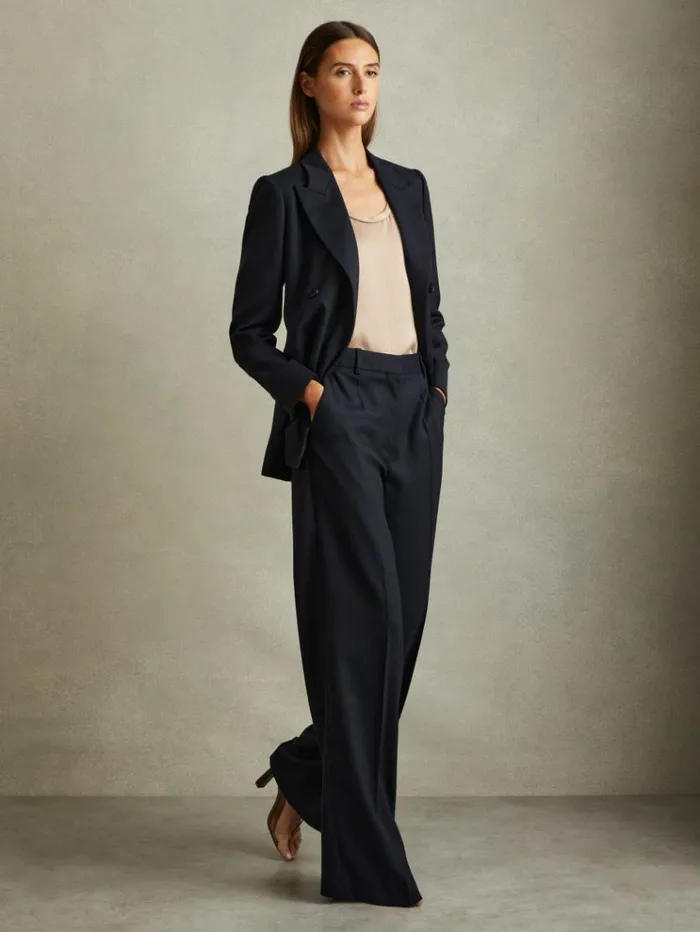 REISS Suits and Tailoring Women Textured Wide Leg Suit Trousers Navy