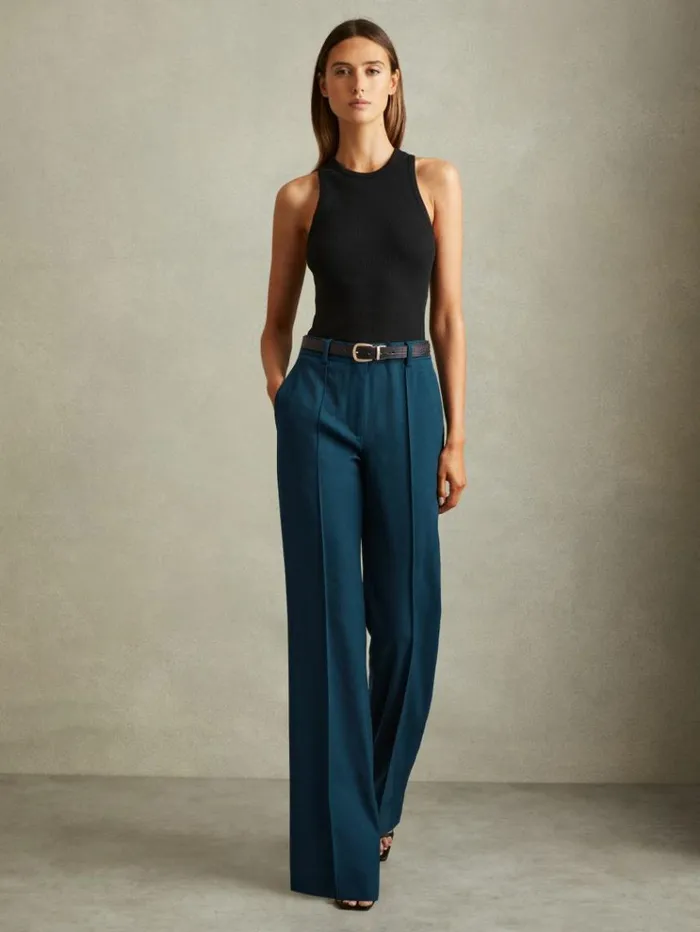 REISS Suits and Tailoring Women Wide Leg Wool Blend Suit Trousers Teal