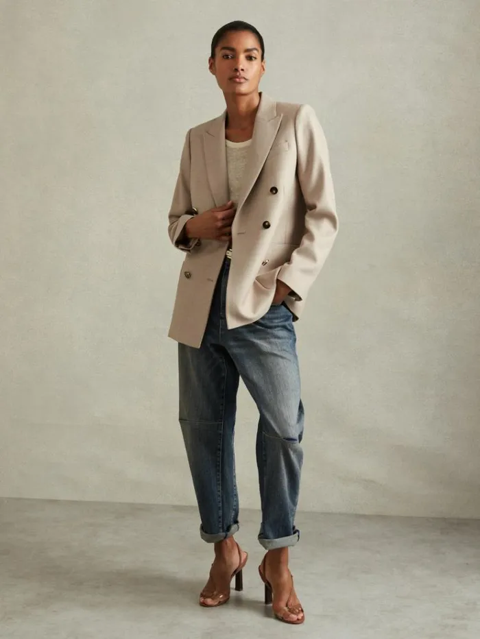 REISS Suits and Tailoring Women Wool Blend Double Breasted Blazer Neutral