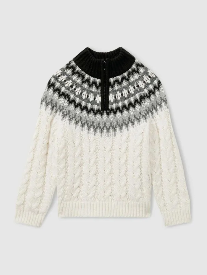 REISS Sweaters Children Fair Isle Cabled Jumper With Cotton And Wool Whitegreyblack