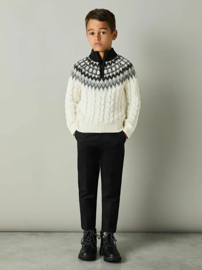 REISS Sweaters Children Fair Isle Cabled Jumper With Cotton And Wool Whitegreyblack