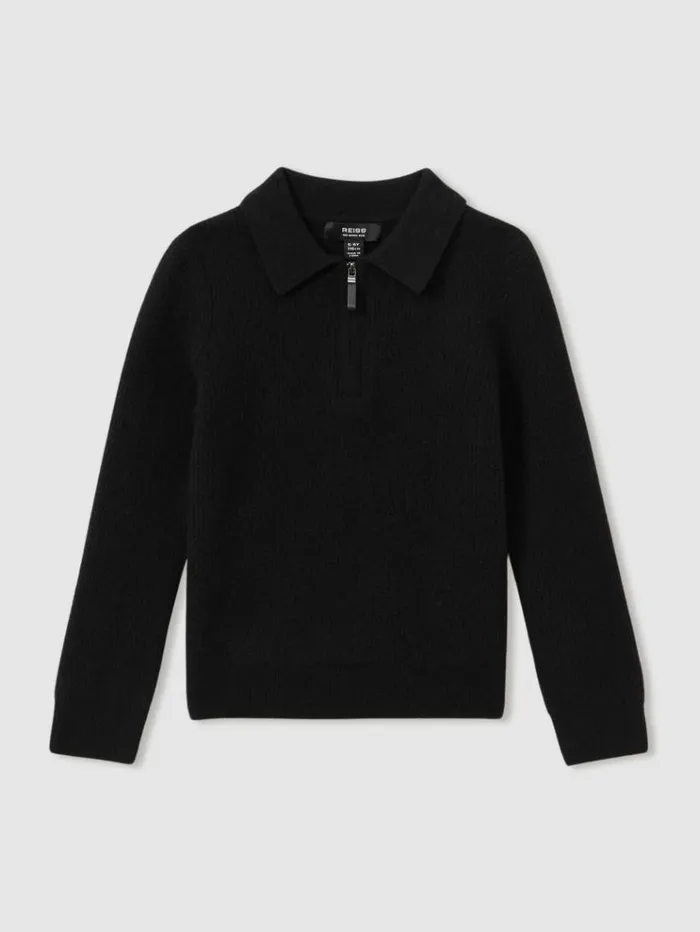 REISS Sweaters Children Merino Wool HalfZip Polo Shirt Black