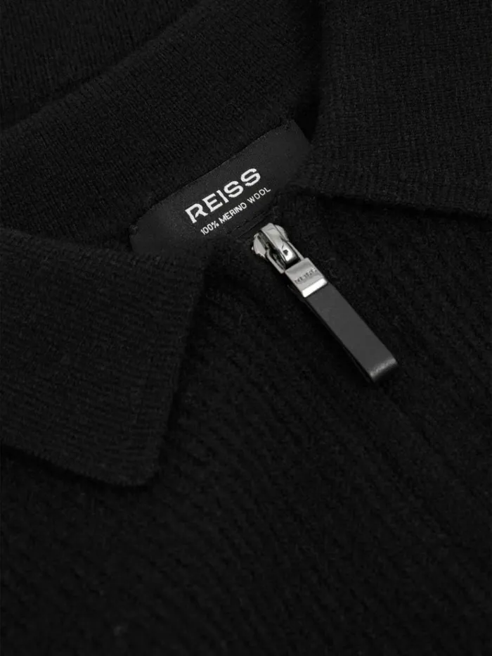 REISS Sweaters Children Merino Wool HalfZip Polo Shirt Black