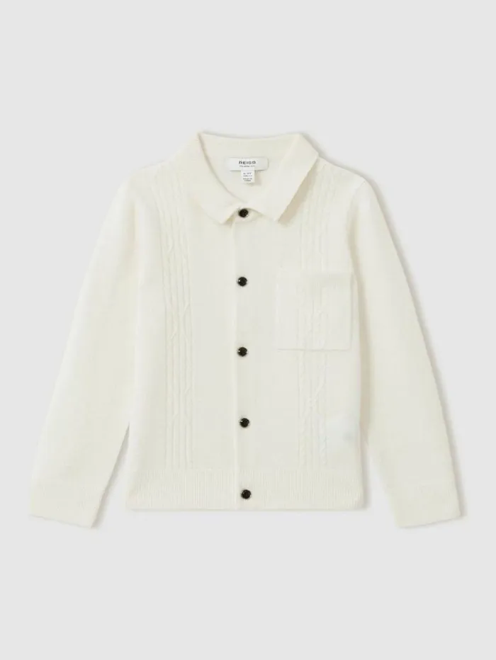 REISS Sweaters Children Wool Cable Knit Cardigan Off White