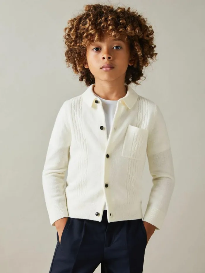 REISS Sweaters Children Wool Cable Knit Cardigan Off White