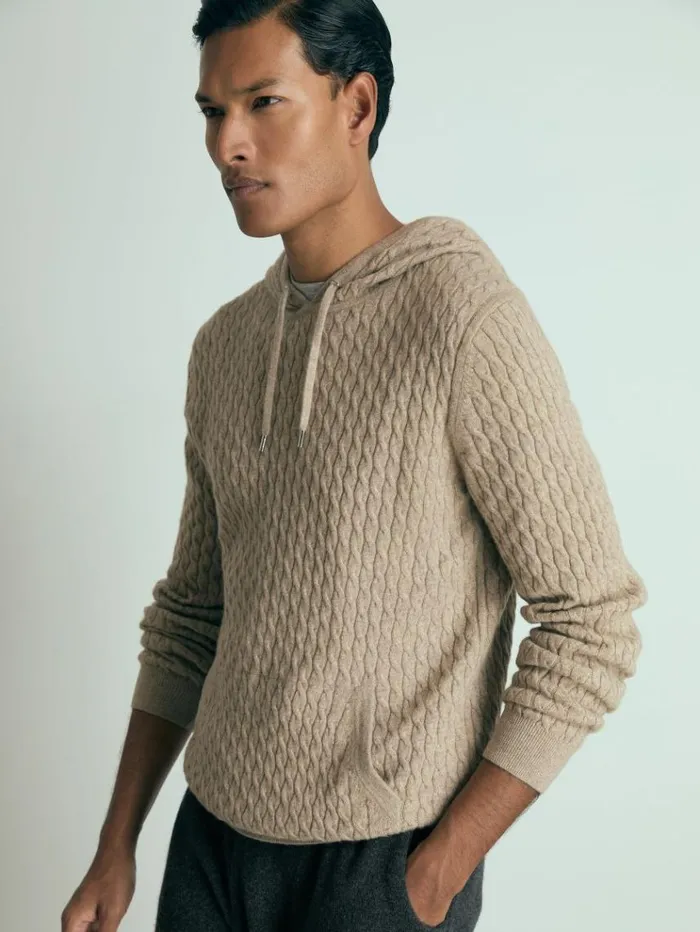 REISS Sweaters Men Atelier CabledCashmere Hoodie Soft Brown Melange