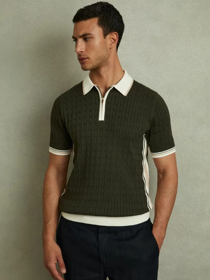 REISS Sweaters Men Cotton Blend Cable Knit Half Zip Polo Shirt Khaki Greenoff Whitecamel REISS Sweaters Men Cotton Blend Cable Knit Half Zip Polo Shirt Khaki Greenoff Whitecamel