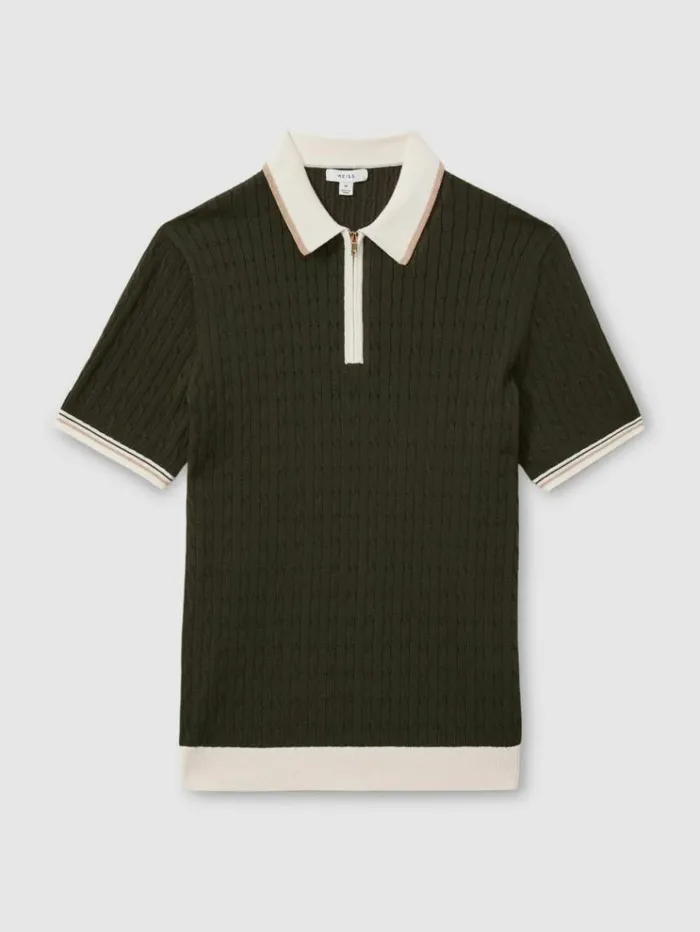REISS Sweaters Men Cotton Blend Cable Knit Half Zip Polo Shirt Khaki Greenoff Whitecamel