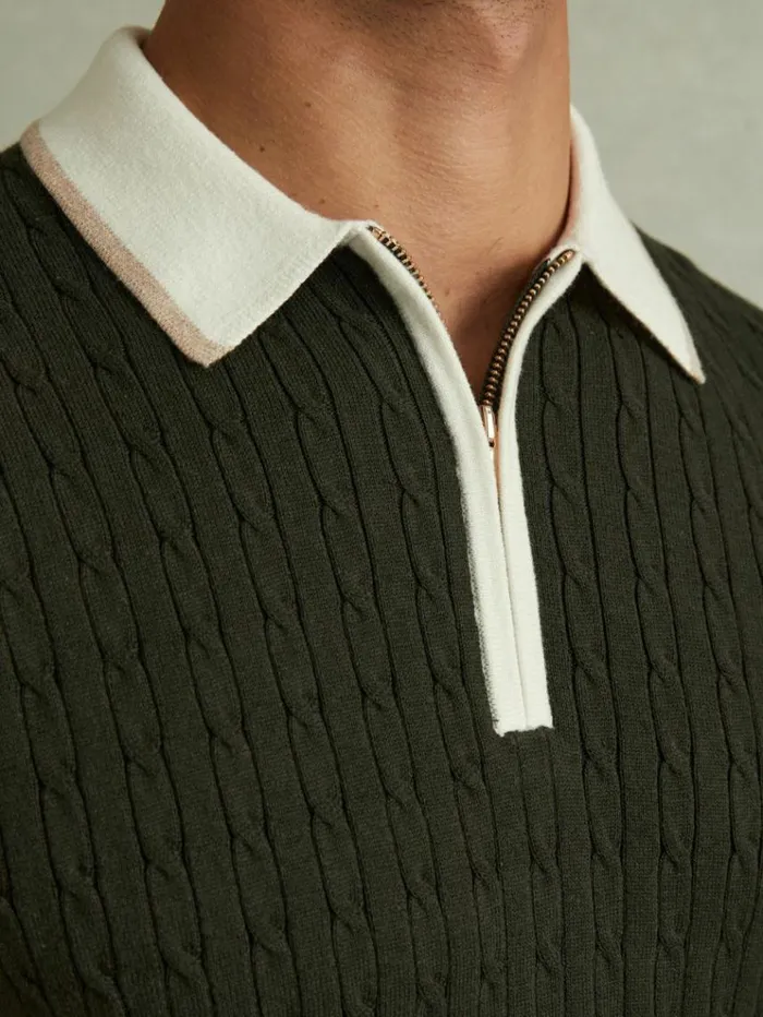 REISS Sweaters Men Cotton Blend Cable Knit Half Zip Polo Shirt Khaki Greenoff Whitecamel