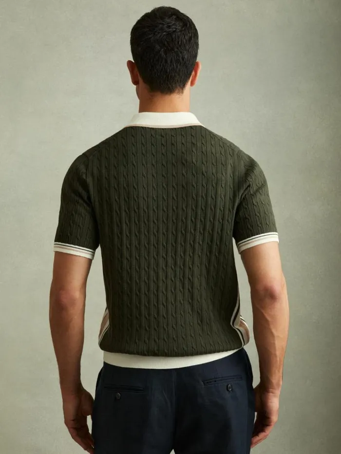 REISS Sweaters Men Cotton Blend Cable Knit Half Zip Polo Shirt Khaki Greenoff Whitecamel